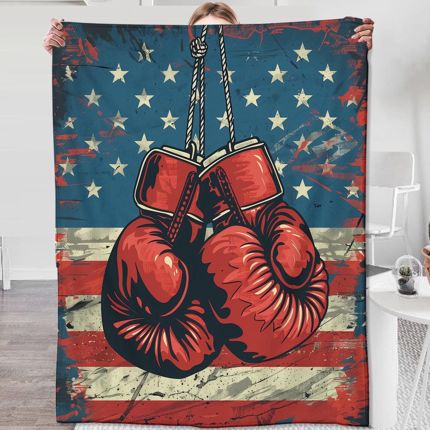 Boxing Blanket for Men Kids, Flannel Boxing Blankets Gifts, American Flag Boxing Throw Blanket for Sofa Couch Bed Living Room Soft Warm Cozy Boxing Decor 60" x 50"