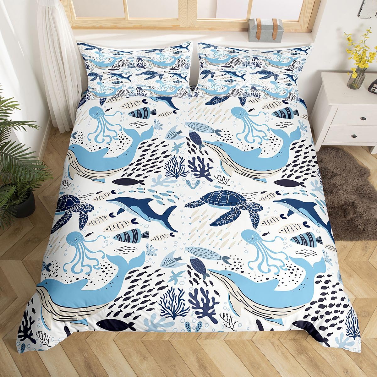 Erosebridal Turtle Bedding Sets King White Blue Whale Decor Teen Duvet Cover Set,Octopus Pattern Ocean Theme Comforter Cover Set Underwater Children Comforter Cover for Adult Kids Girls Boys