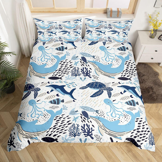 Erosebridal Turtle Bedding Sets King White Blue Whale Decor Teen Duvet Cover Set,Octopus Pattern Ocean Theme Comforter Cover Set Underwater Children Comforter Cover for Adult Kids Girls Boys