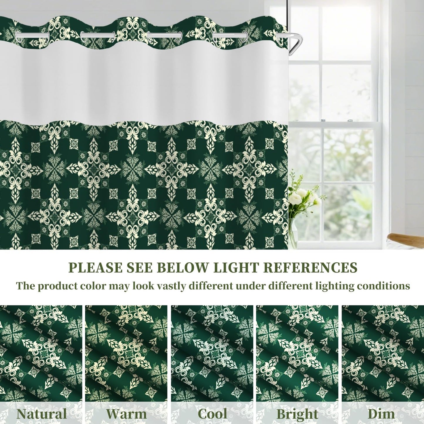 NAEMBCU Green Damask No Hook Shower Curtain with Snap in Liner Set 71x74in