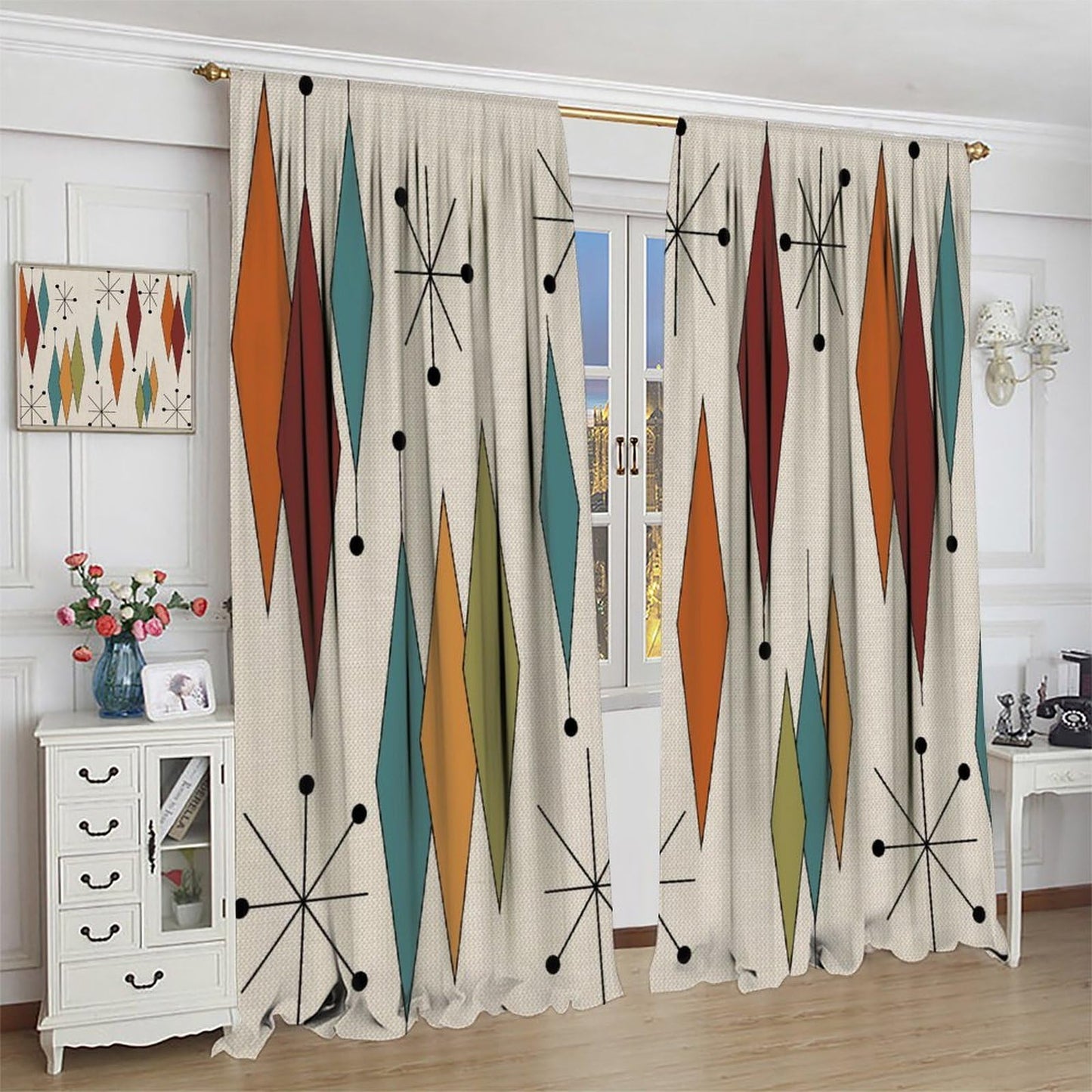 ShiTingYu Abstract Geometric Modern Curtains Mid Century Art Colorful Orange Blue Green Window Treatments for Kitchen Bedroom Living Room Drapes 42x45 Inch