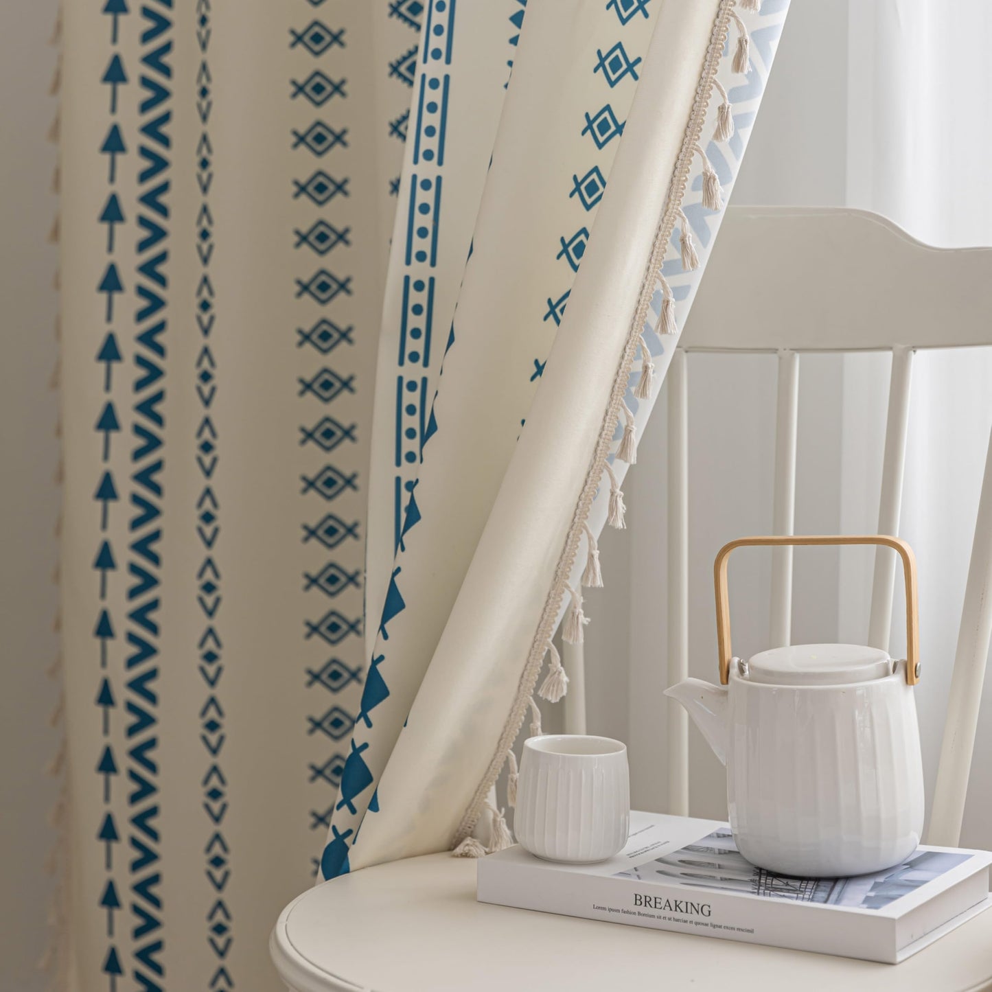 Erbnaryx Blue Geometric Curtains 72 Inches Long, Boho Farmhouse Light Filtering Rod Pocket Drapes with Tassel Trim for Bedroom Living Room, 2 Panels