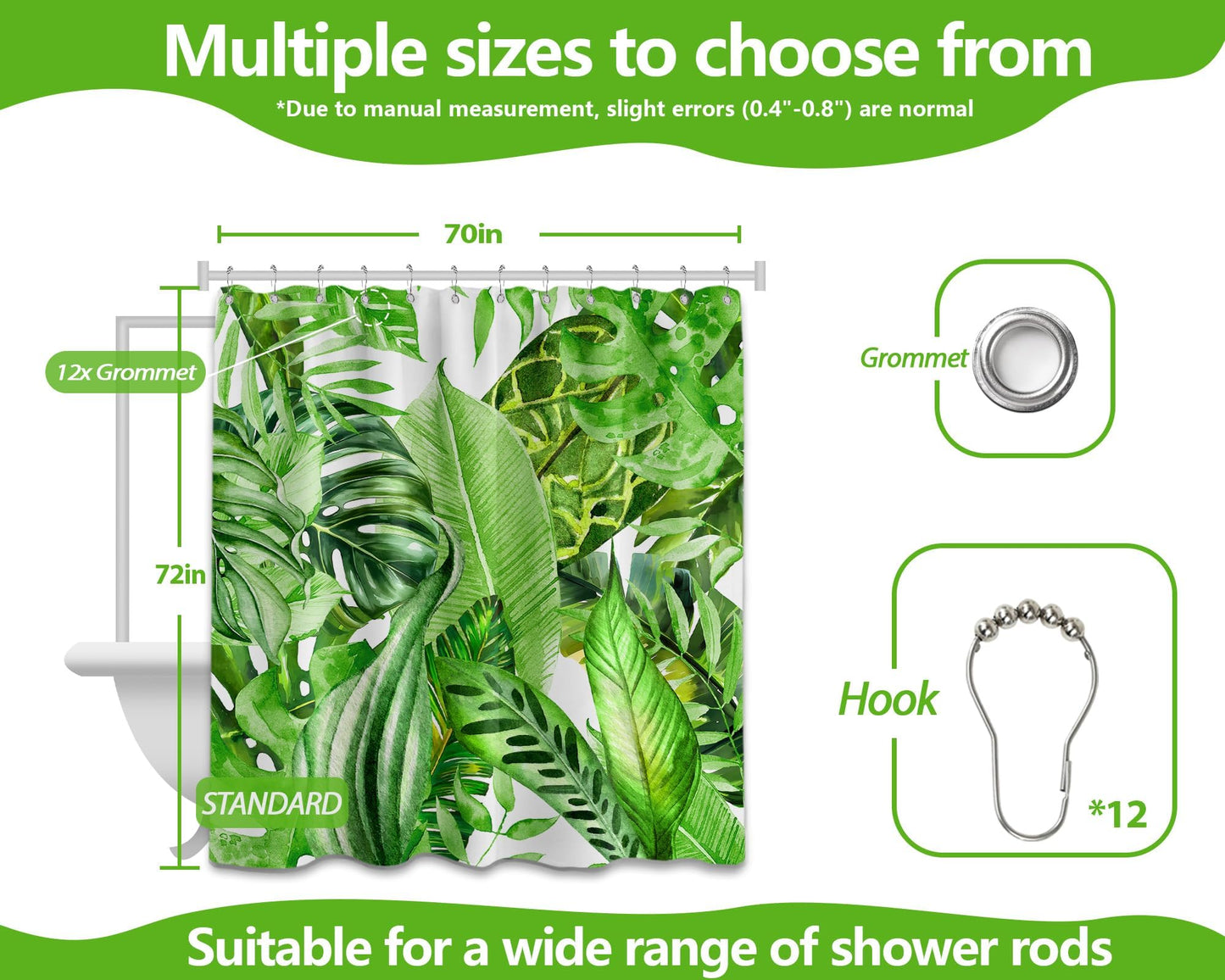 Pdvbiee Green Tropical Palm Leaf Shower Curtain, 70 X 72 Inch
