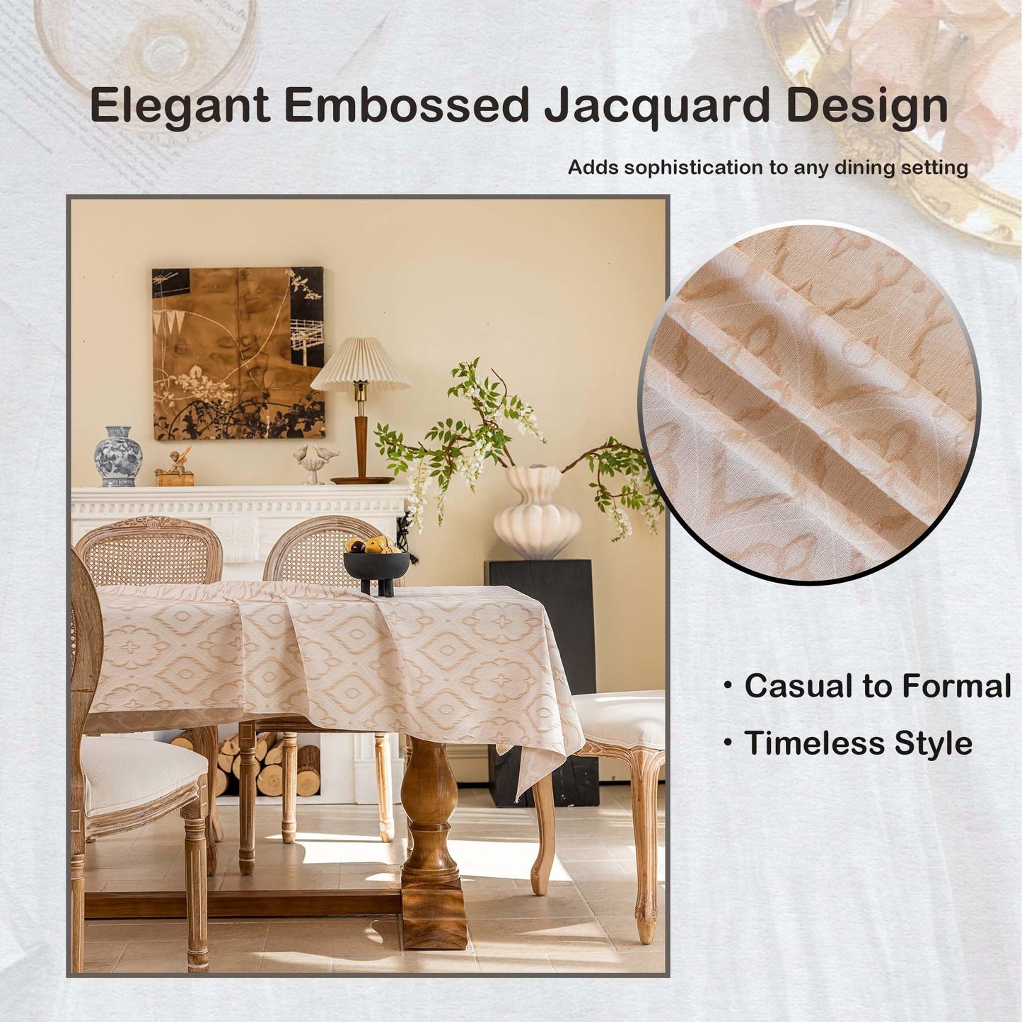 Qubjus Elegant Embossed Jacquard Square Tablecloth with Faux Linen Texture Durable Hemmed Edge Table Cloth Decorative Table Cover for Dining and Party (55''x55'', Begonia Beige)