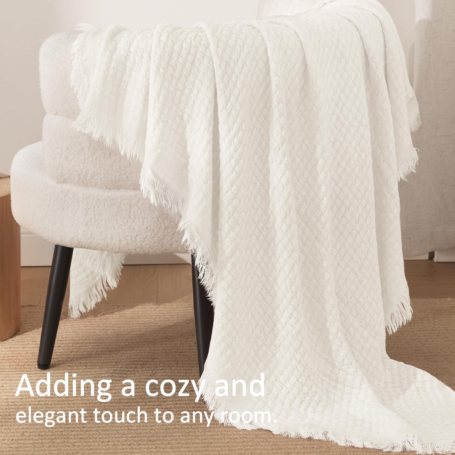 Exclusivo Mezcla Knit Throw Blanket with Fringes for Couch, Reversible Super Soft and Warm Woven Throw for Summer, Home Decor, 50"x60", Ivory