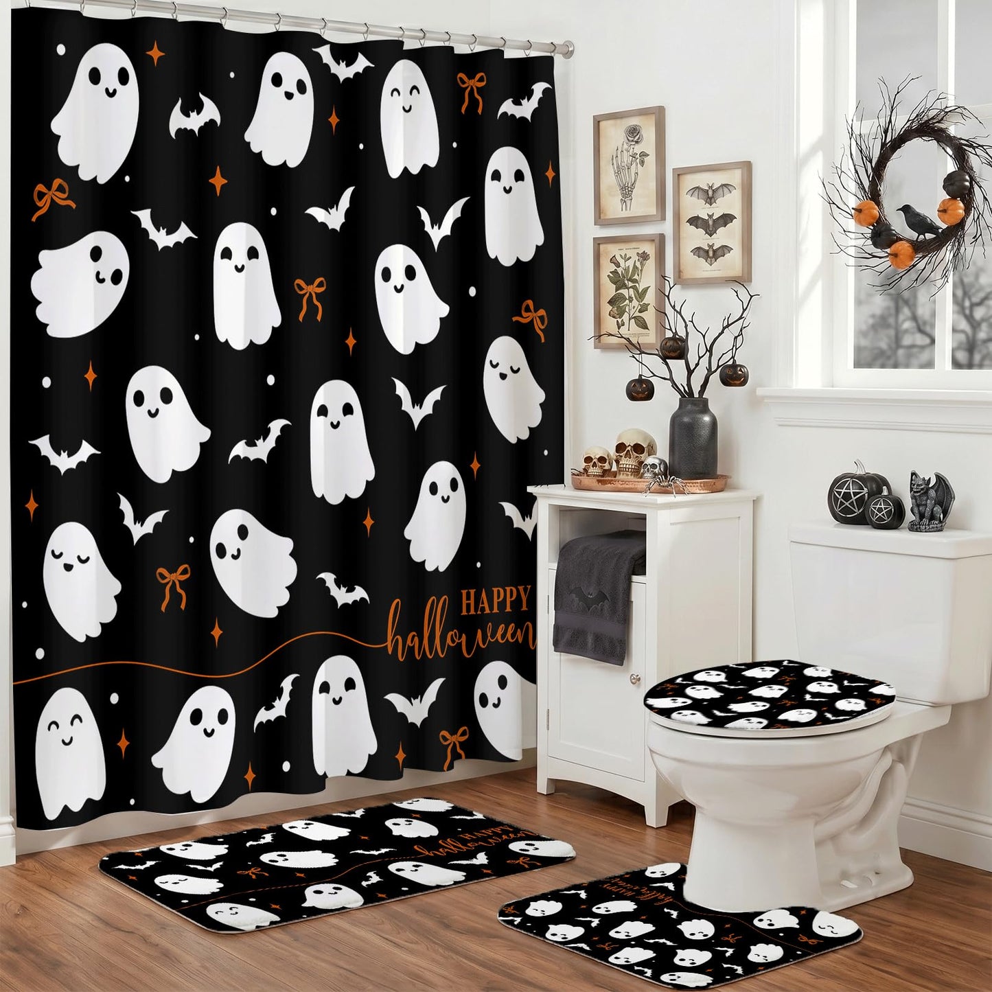 Mocsicka 4Pcs Halloween Shower Curtain Set Black Spooky Bow Ghost Shower Curtain Set for Halloween Bathroom Decor with Anti-Slip Waterproof Bathtub Bathroom Rugs Toilet Lid Cover