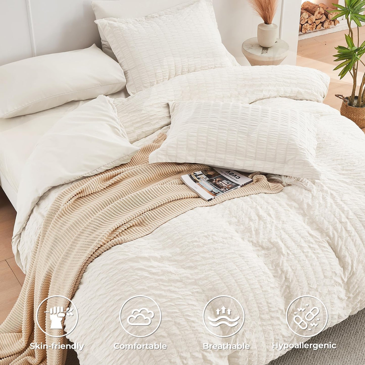 HYMOKEGE Ivory Oversized Queen Comforter Set Seersucker 7 Pieces, All Season Luxury Bed in a Bag for Bedroom, Bedding Set with Comforter, Sheets, Pillowcases & Shams