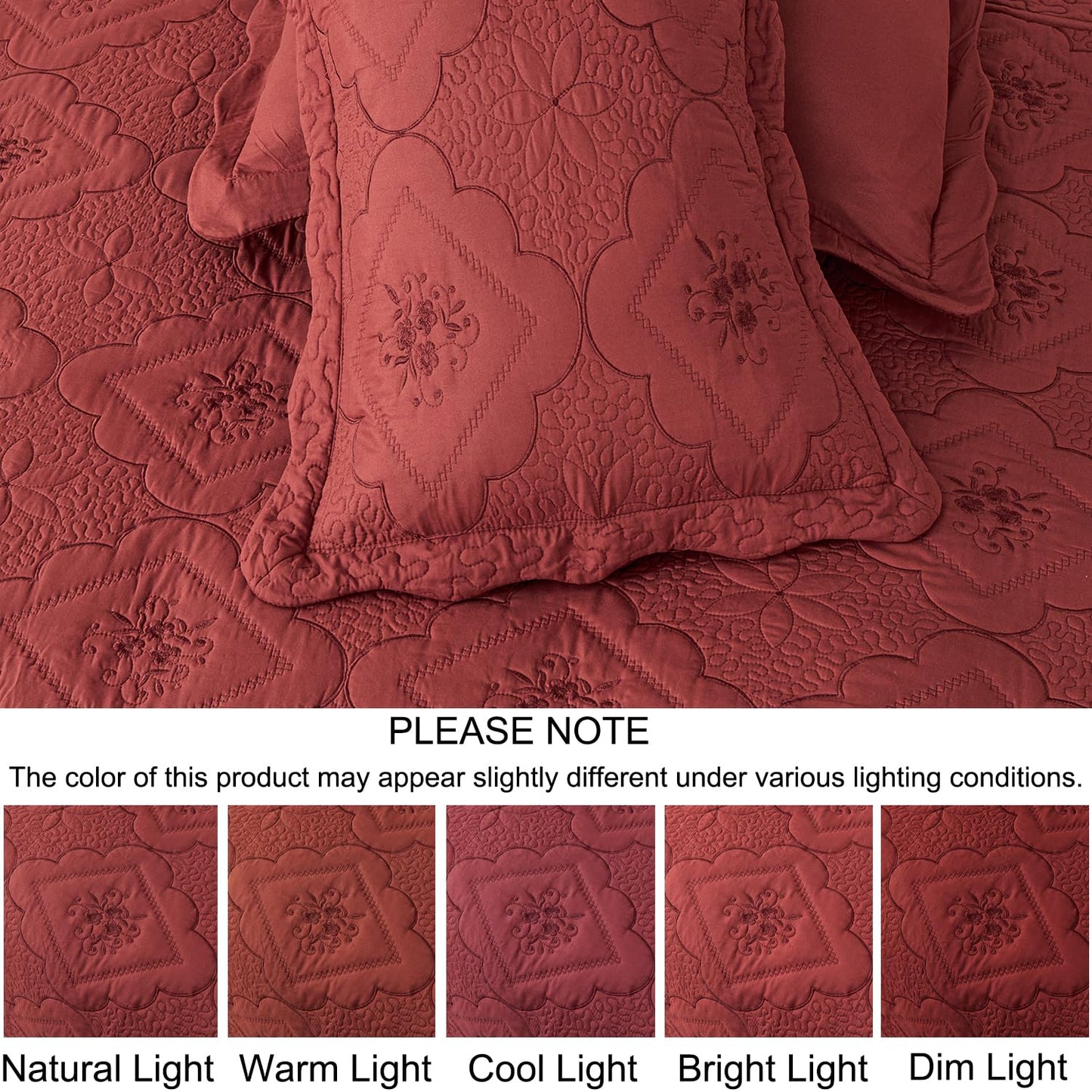 Cmfshape Floral Embroidery Quilt Set,3 Pieces Queen Quilt Bedding Set,Classic Diamond Pattern Quilts,Ultra Soft Lightweight Reversible Bedspread Coverlets for All Season(Burgundy,90"x90")