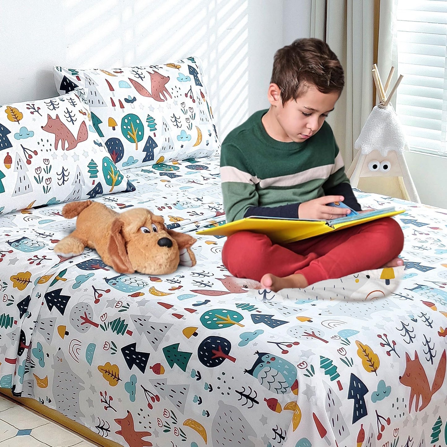 Homilay Full Sheet Set Kids - Cute Fox 4 Pieces Soft Microfiber Cartoon Style Bedsheets for Boys Girls Teens, Oeko TEX Breathable 15 Inch Deep Pocket Sheets(Forest)