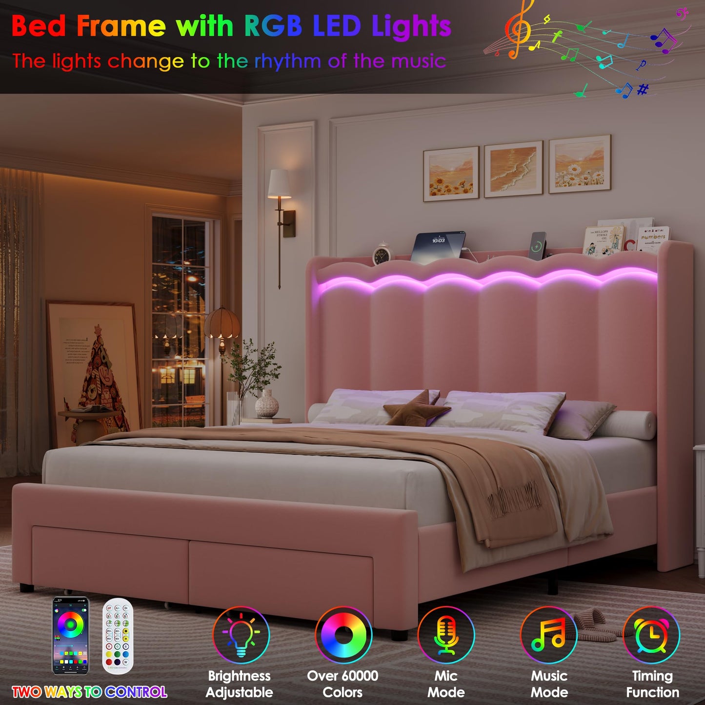 HIFIT Queen Upholstered LED Bed Frame with Charging Station and 2 Storage Drawers, Pink Velvet Princess Bed Frame for Girls, Camas Queen with Double Wavy Wingback Headboard, No Box Spring Needed
