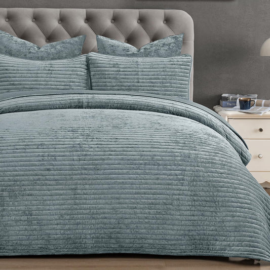 PHF Luxury Velvet Quilt Set Queen Size – 3PCS Ultra Soft Quilted Comforter Alternative with Striped Channel, Cozy Quilted Bedspread, 1 Coverlet with 2 Matching Shams, 90" x 92", Dusty Blue