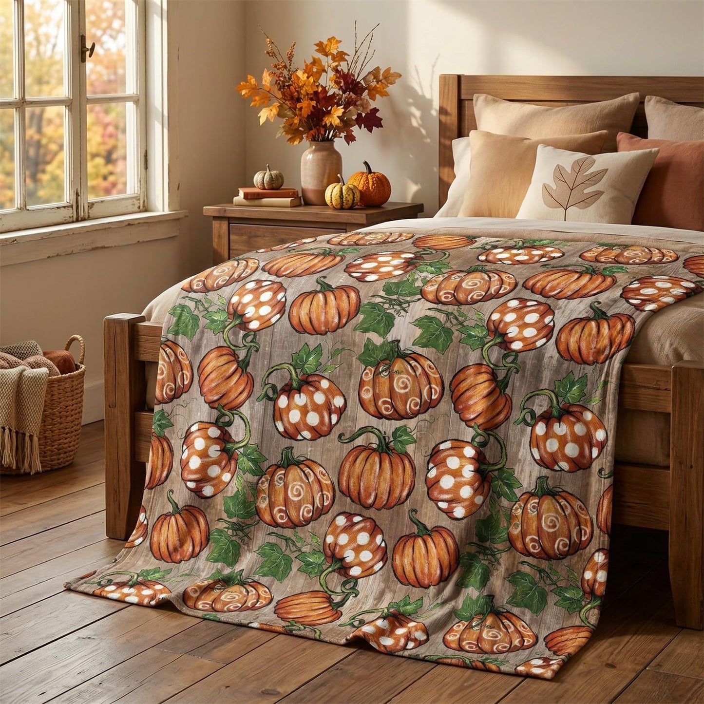 Horaldaily Fall Flannel Blanket Throw, Orange Wood Plank Grain Pot Pumpkin Soft Fuzzy Plush Cozy Fleece Blankets for Couch Sofa Bed Lounging, Ideal Gifts for Kids Adults Wife Self, 50x60