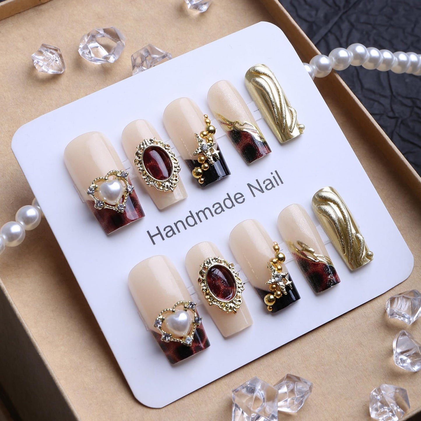 Long Press on Nails Square Fake Nails Gold Artificial Nail Tortoise Shell and Gold Charm Designs Rhinestones Stick on Nail for Women 24pcs
