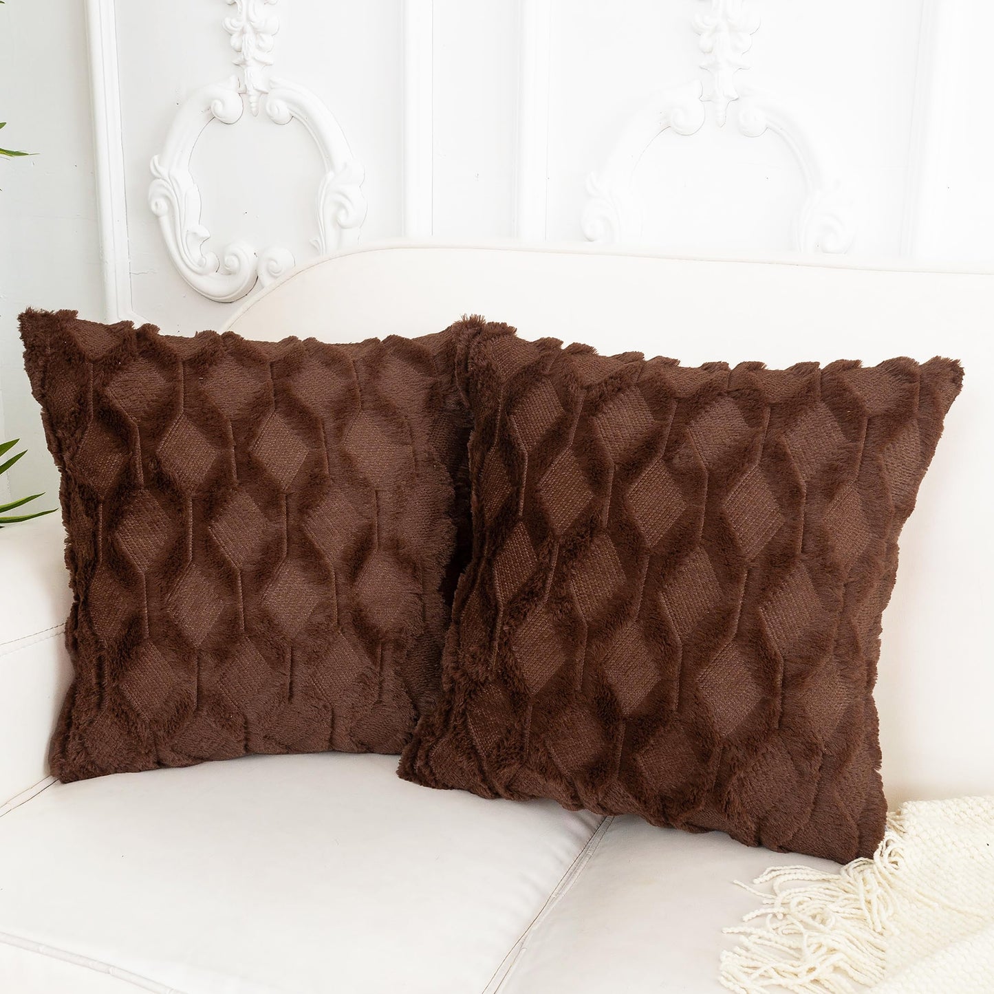 Smile of hope Brown Throw Pillow Covers 18x18 Set of 2 Decorative Farmhouse Couch Throw Pillows Boho Shells Cute Soft Plush Wool Winter Pillowcases for Bedroom Living Room Sofa