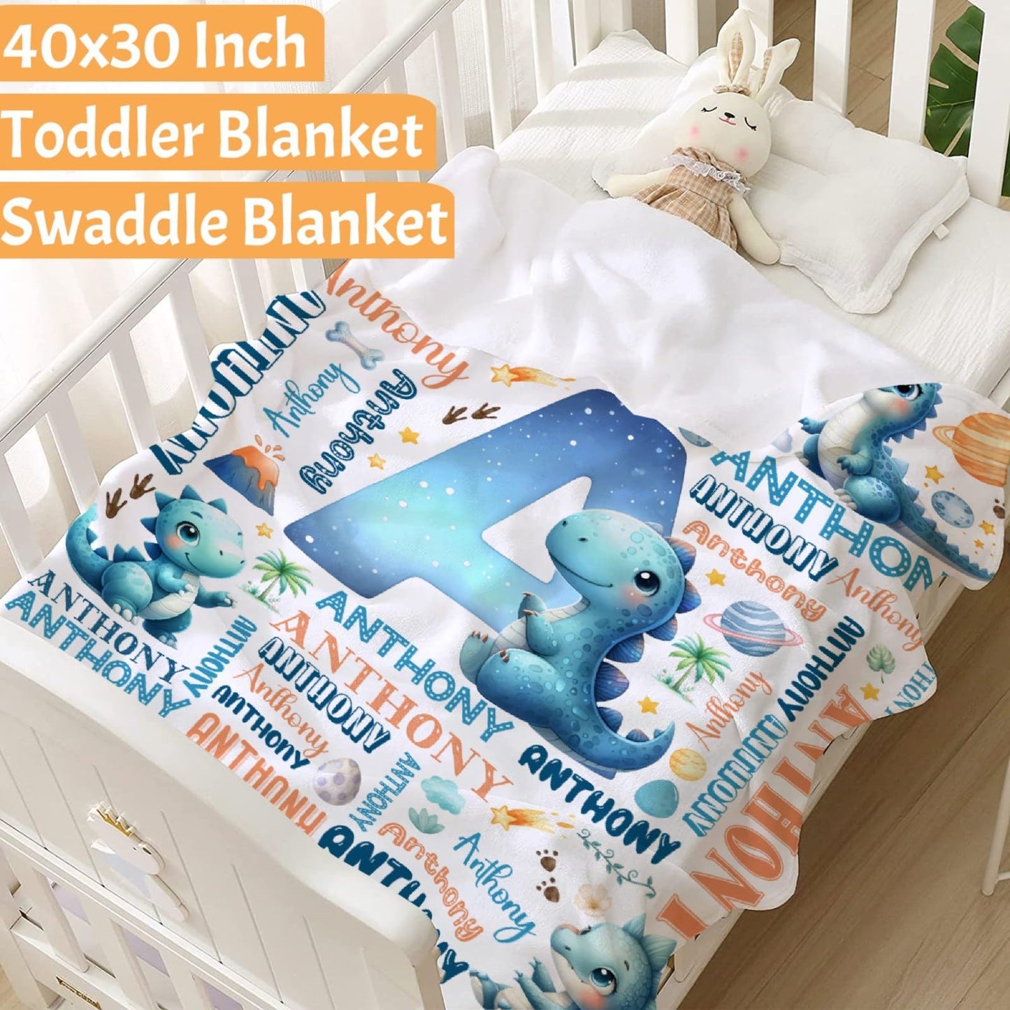 Personalized Dinosaur Blanket,Custom Dinosaur Gifts,Soft Flannel Throw for Bed Sofa,Lightweight,40 x 30in