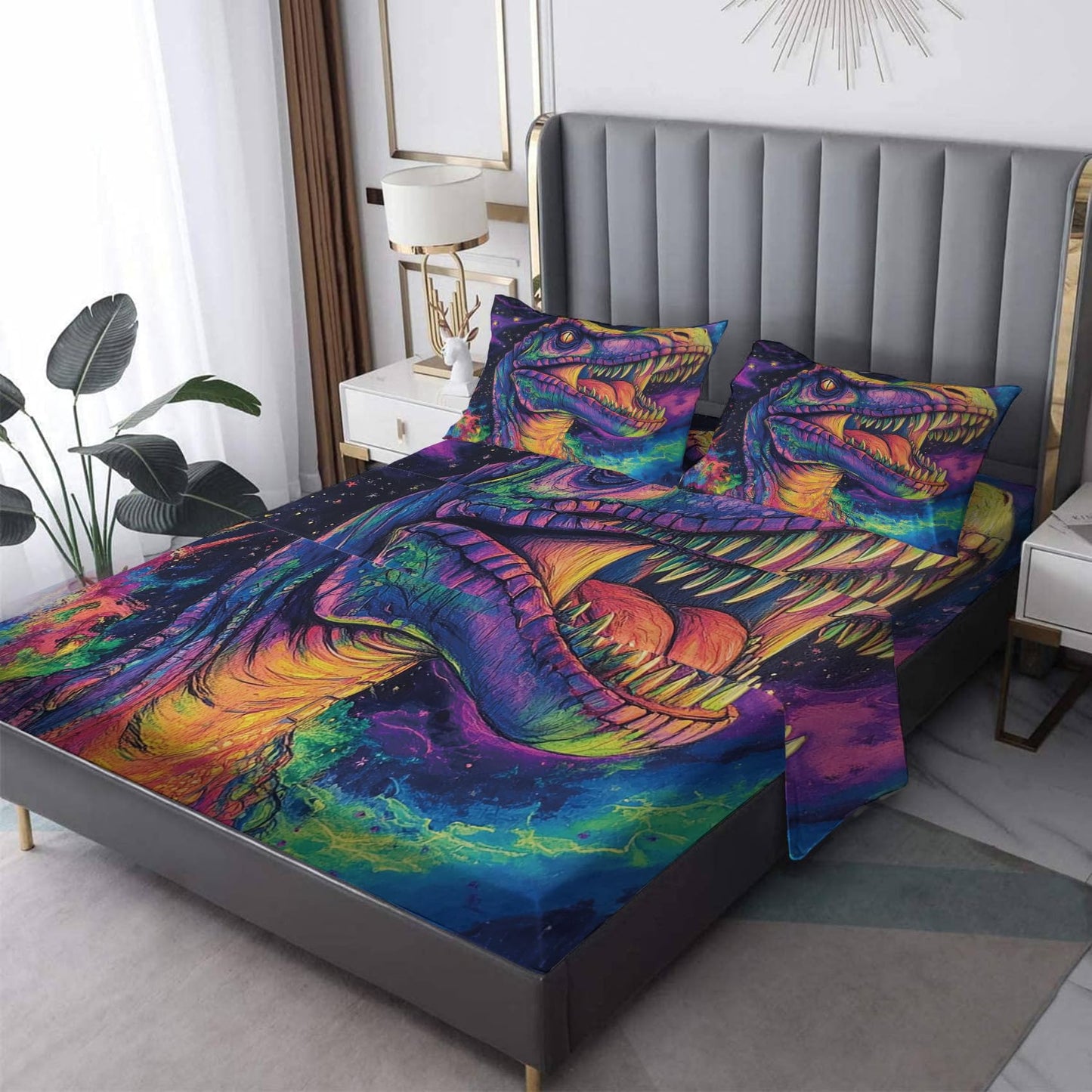Rejkxyw King Size Sheets Set Cartoon Dino - Dinosaur Bed Sheets - Jurassic Sheet Set - 12 Inch Deep Pocket - Ultra Soft Winkle Free Microfiber Bedding Sheets & Pillowcases 4 Piece