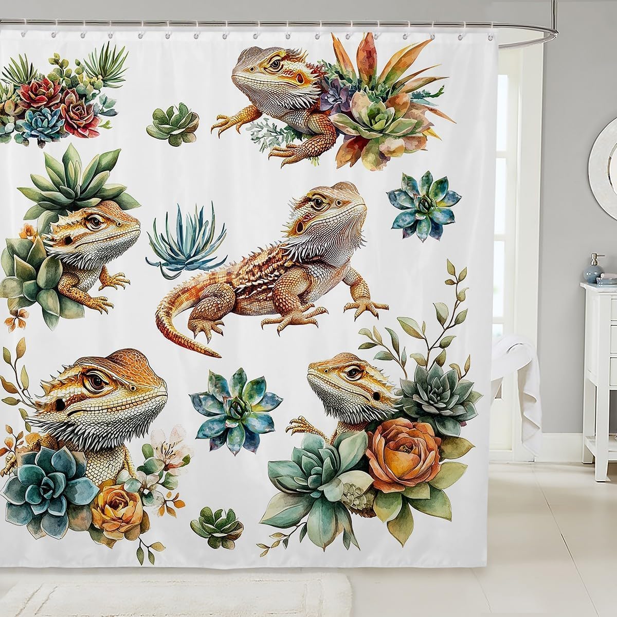 Manfei Bearded Dragon Kids Shower Curtains,Cartoon Lizard Reptile Animal Bathroom Curtains for Boys Girls,Cactus Botanical Western Pet Modern Fashion Waterproof Curtains,12 Hooks Suits,72" W x 72" L