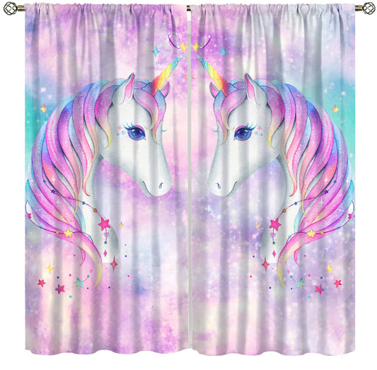 Rainbow Unicorn Bedroom Curtains,Purple Pink Dream Universe Starry Sky Kids Bedroom Living Room Window Treatments Curtains 42x45 Inch