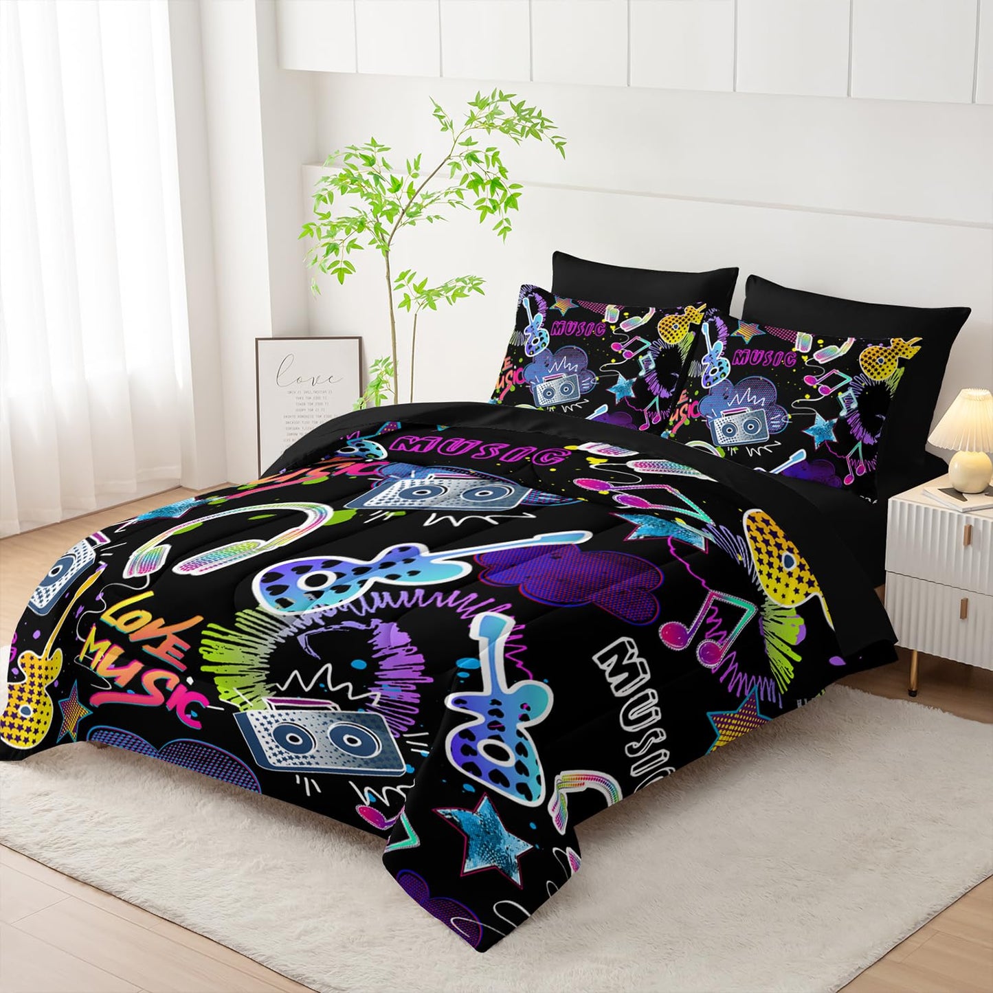 XYNHML Colorful Guitar Comforter 7Pcs Musical Note Headphone Radio Star Bedding Set for Kid Teen Girl Boy Adult Cartoon Rock Music Quilt Bed Set Twin with 2 Sheets,2 Pillowcases,2 Throw Pillow Covers