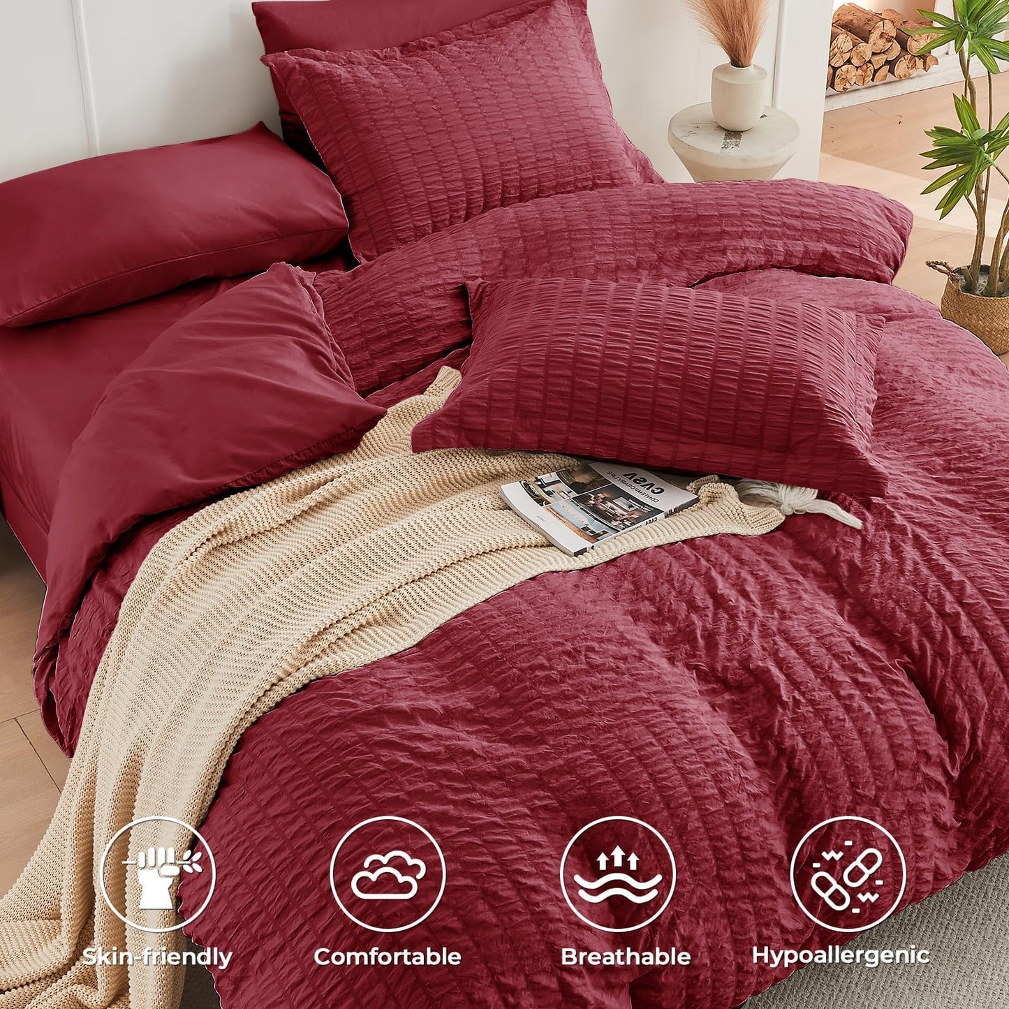 HYMOKEGE Burgundy Oversized Queen Comforter Set Seersucker 7 Pieces, All Season Luxury Bed in a Bag for Bedroom, Bedding Set with Comforter, Sheets, Pillowcases & Shams