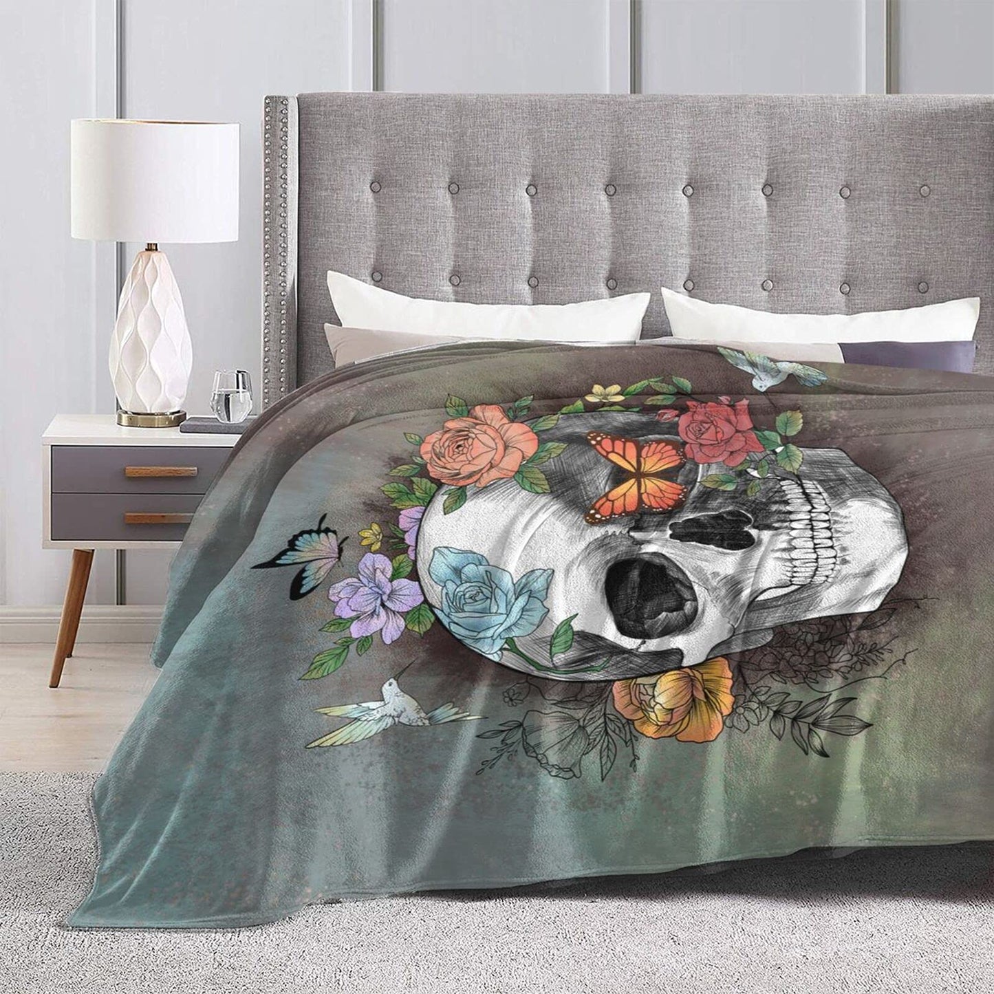 Majoug Flower Sugar Skull Throw Blanket Skulls Gifts for Women Warm Fleece Throw Bed Blankets Cozy Blanket Plush Blanket for Bedroom Living Sofa Car 50"x40"