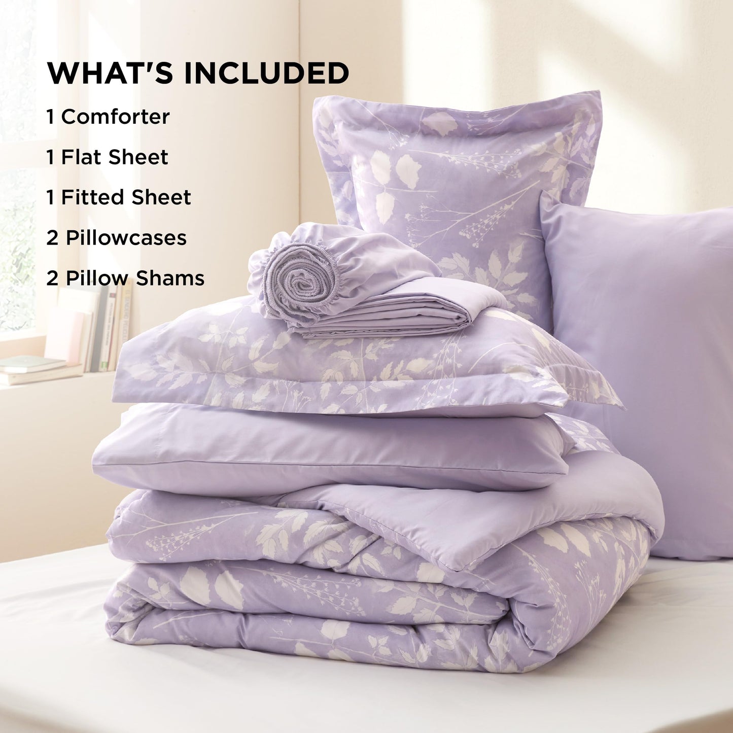 Bedsure Queen Comforter Set - 7 Pieces Floral Lavender Soft Bedding Sets, Queen Bed in a Bag with Botanical Flowers Comforter, Sheets, Pillowcases & Shams
