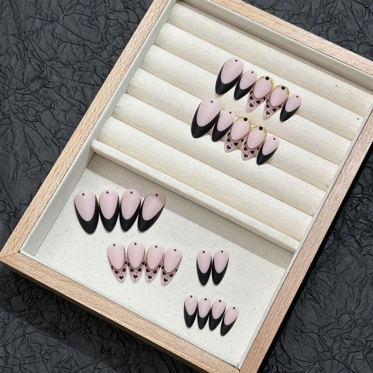 SINHOT French Tip Press on Nails Medium Almond Fake Nails Glossy False Nails Stiletto Glue on Nail with Design Cute Black Graffiti Full Cover Acrylic Nail (24Pcs,1 Glue)