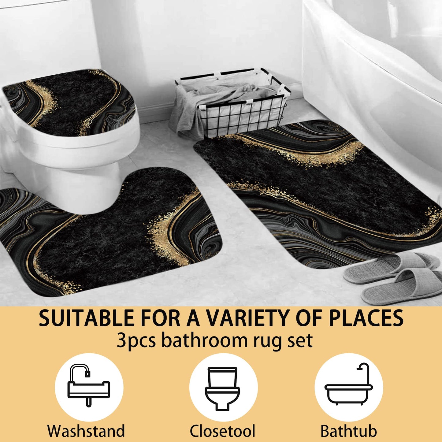 beifivcl 4Pcs Luxury Marble Shower Curtain Sets, Bathroom Sets with Shower Curtain, Toilet Lid Rug, Bath Mat and Contour Mat, Shower Curtain with 12 Hooks for Bathroom Set Decor 72 x 72 Inch, Black﻿