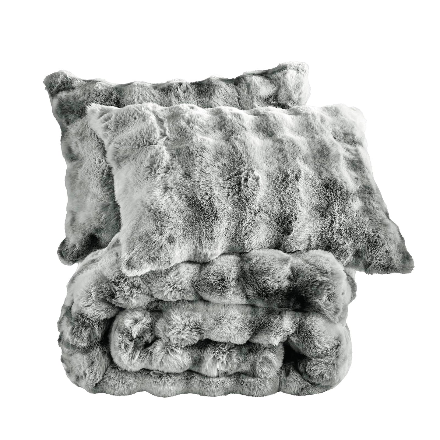 Fredsure Faux Rabbit Fur Comforter Set, 3 Pieces Tie Dye Grey Queen, Faux Rabbit Fur Face and Microfiber Reverse