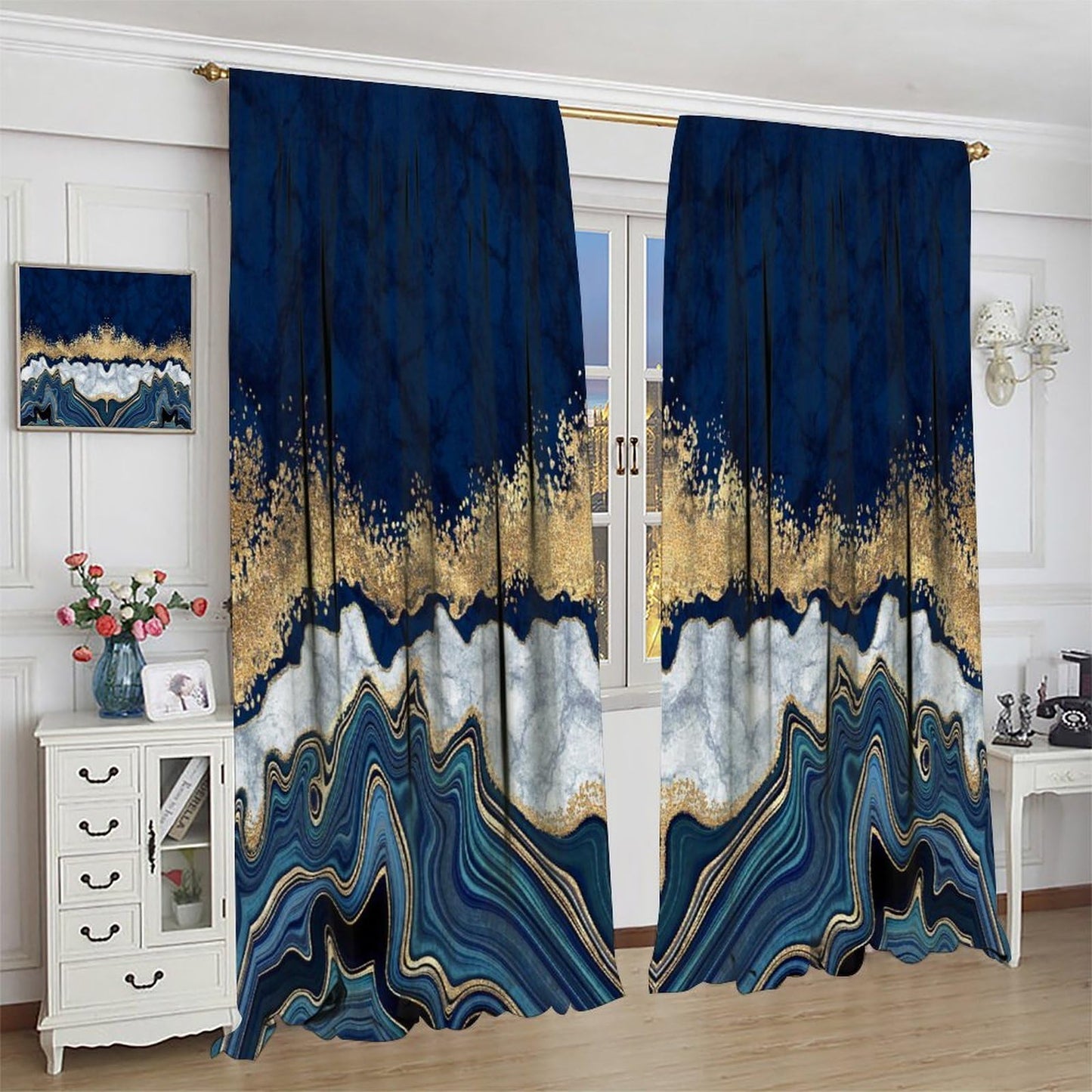 Djaby Blue Marble Curtains, Modern Luxury Gold Texture Window Curtains Drapes for Bedroom Living Room Home 42" W X 45" L(No Blackout)