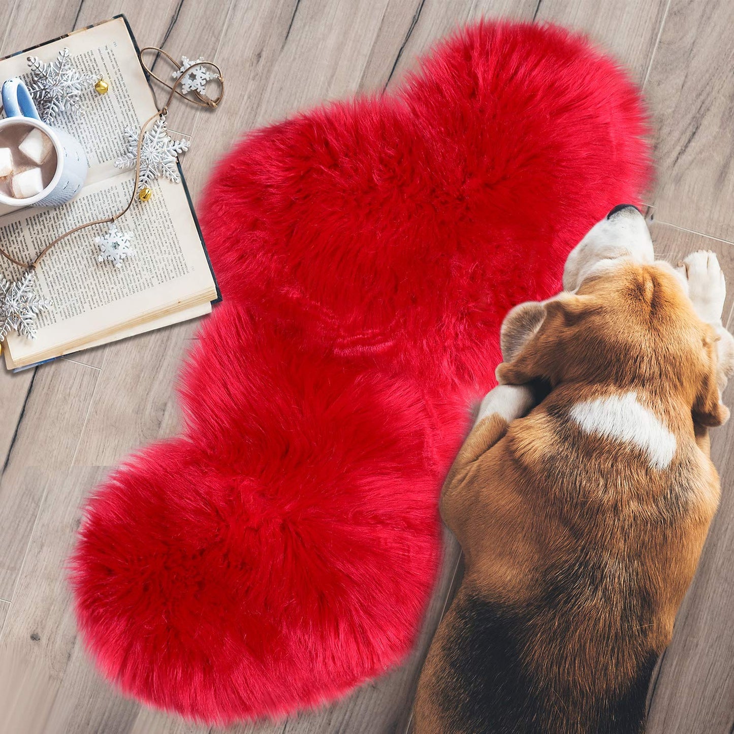 Mudder 2 Pcs Faux Fur Rug, Heart Shaped Rugs, Fluffy Decorative Mat for Room Home Chair Side, Desk Feet, Nursery, Photo Background & Valentine Decor, 12 x 16 Inch(Red)