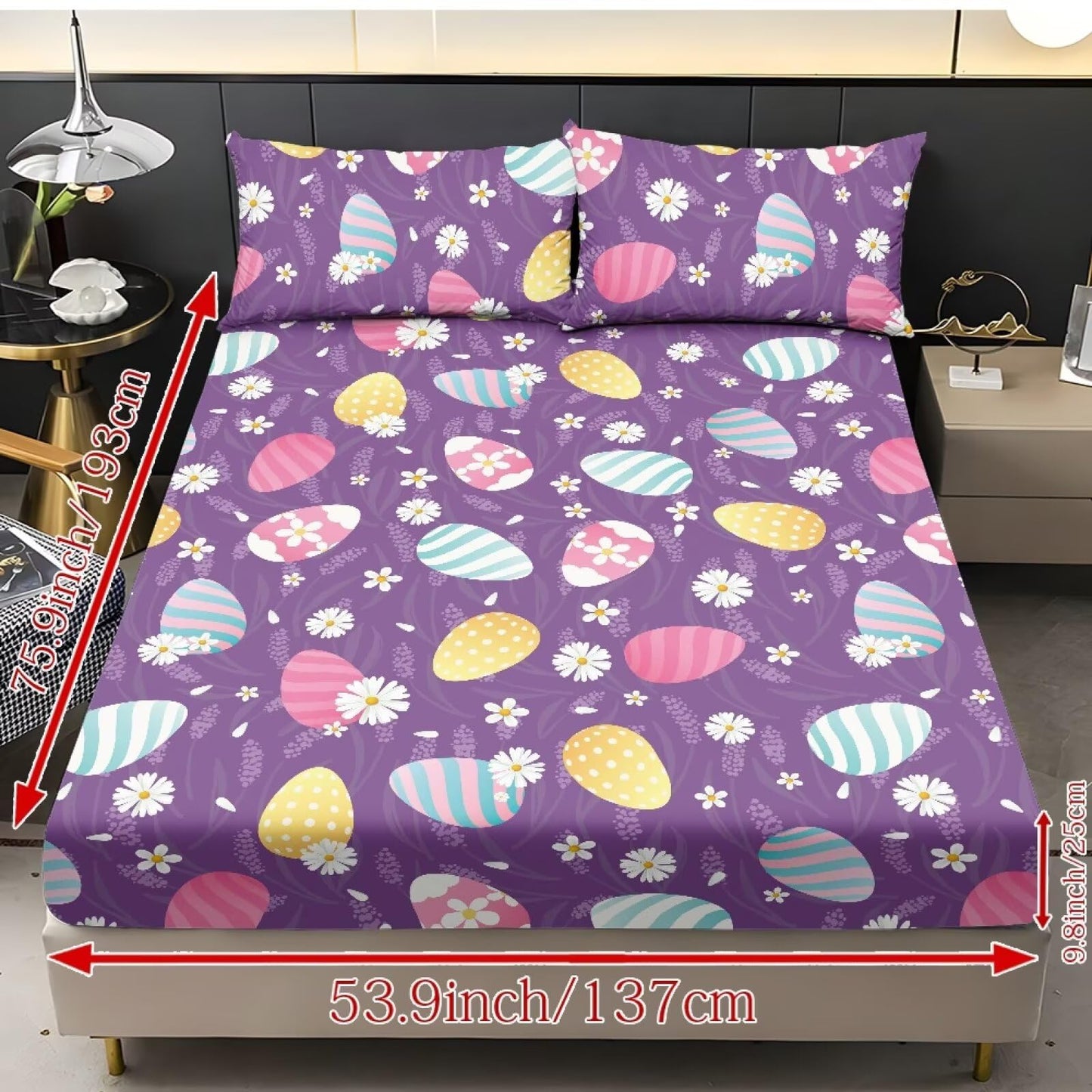 ZDCUSTOM Easter Egg Sheets Twin XL Size Wrinkle Free Bed Sheets Purple Bedding Sheets & Pillowcases 3 Piece Set Soft Deep Pocket Fitted Sheet & Pillow Case for Easter Decor, 39" x 79"