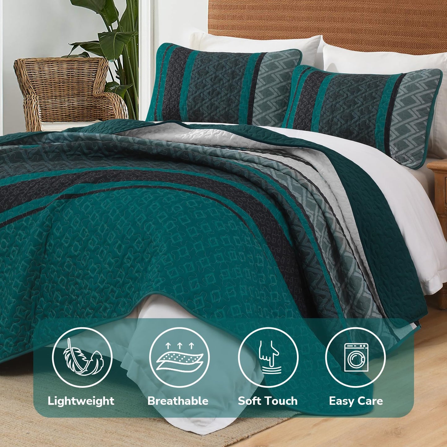 Dinjoy Boho Quilt Set King, Soft 3 Pieces Striped Bedspreads, Dark Green Bedding Sets Micofiber Lightweight Quilts with 2 Pillow Shams Coverlet Bed Sets for Women Men 110''x90''