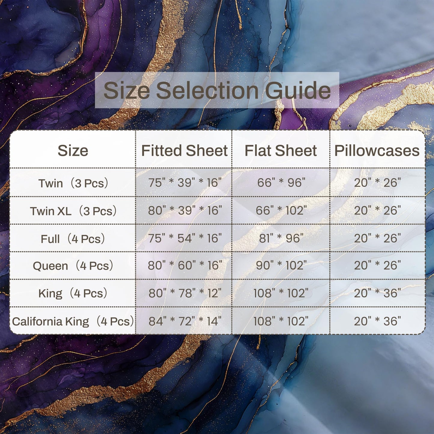 Purple Marble Full Sheet Set Abstract Flat Fitted Sheet Sets, Gold Purple