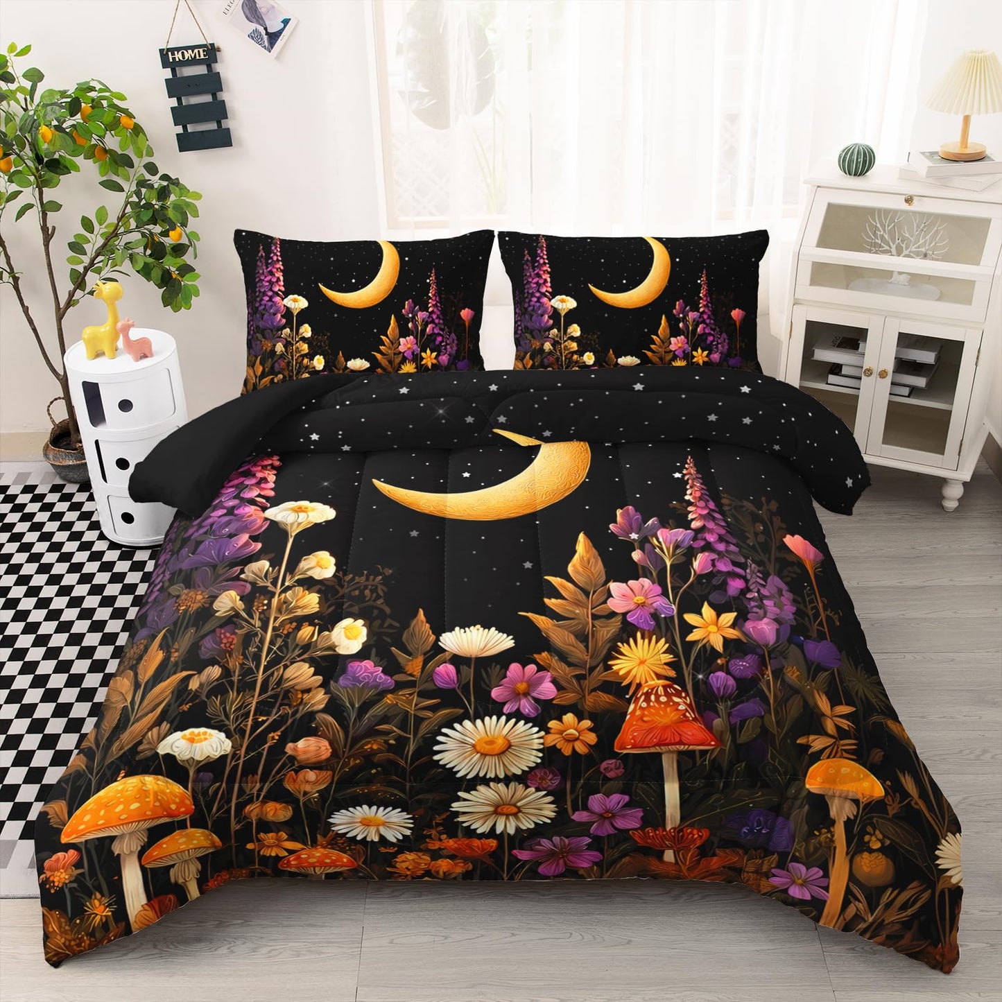 AILONEN Crescent Moon Garden Twin Comforter Set 3 Piece, Black Wildflower Bedding, Starry Mushroom Meadow, Dorm Bedroom, 2 Pillowcases