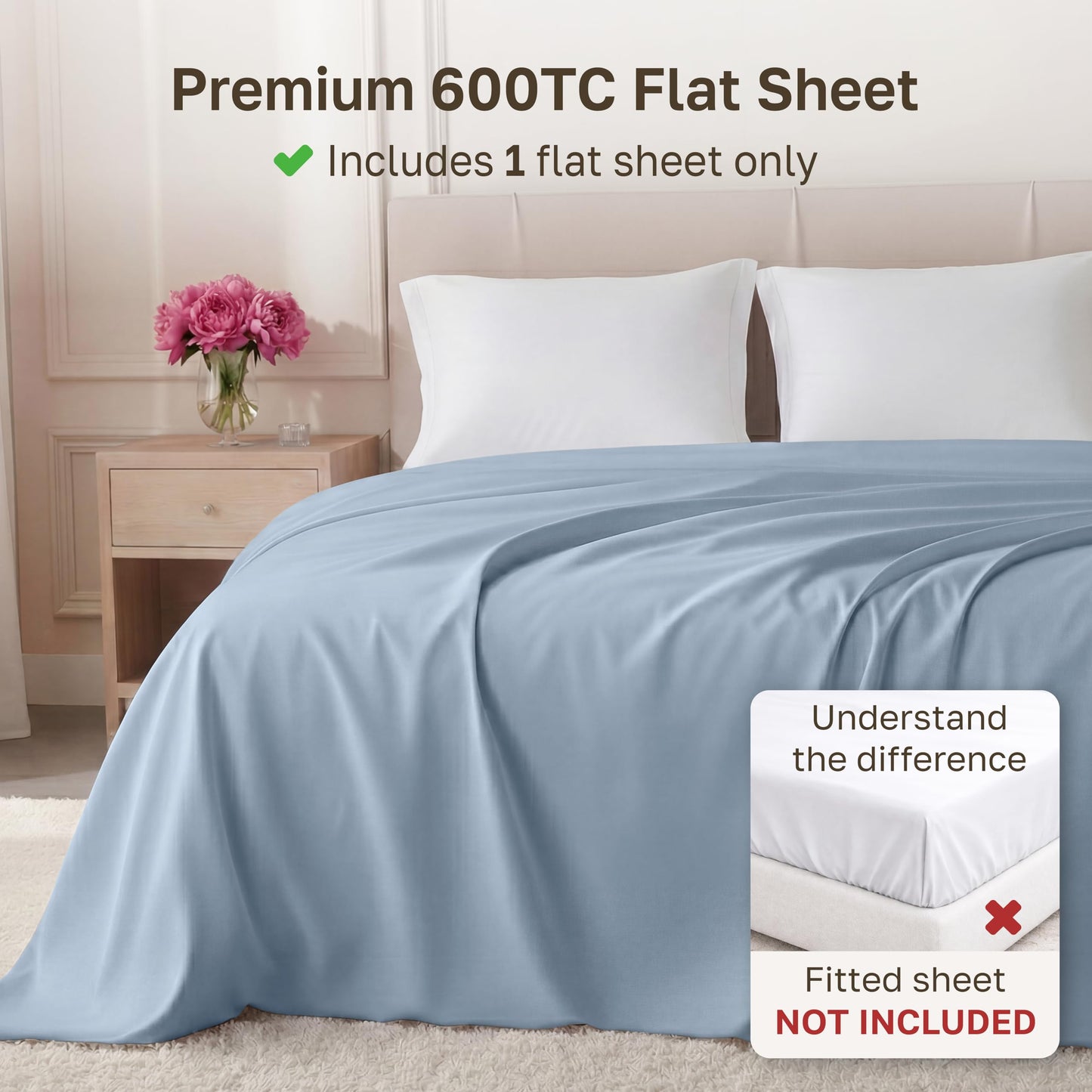 California Design Den King Size Flat Sheet Only - 100% Cotton, 600 Thread Count, Soft and Breathable Top Sheet, Sateen Weave, Premium-Feel Bedding, Featuring Foot Side Indicator - Blue