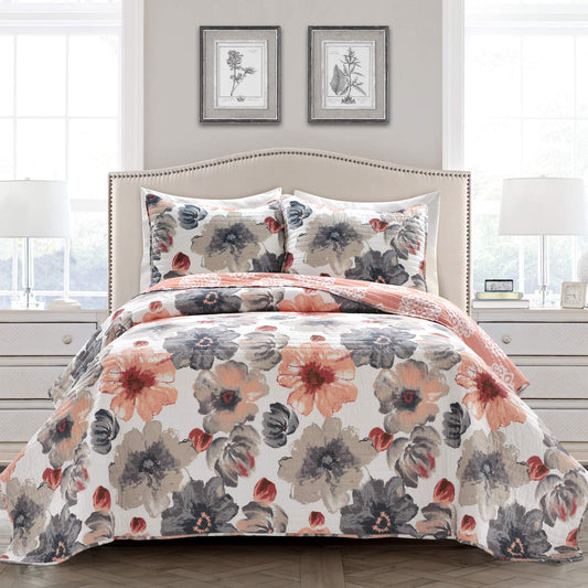 Lush Decor Leah Reversible Floral Quilt Set, 3 Piece Set, King, Coral & Gray - Watercolor Botanical - Cottage Core - French Country Decor- Bedding Queen Size