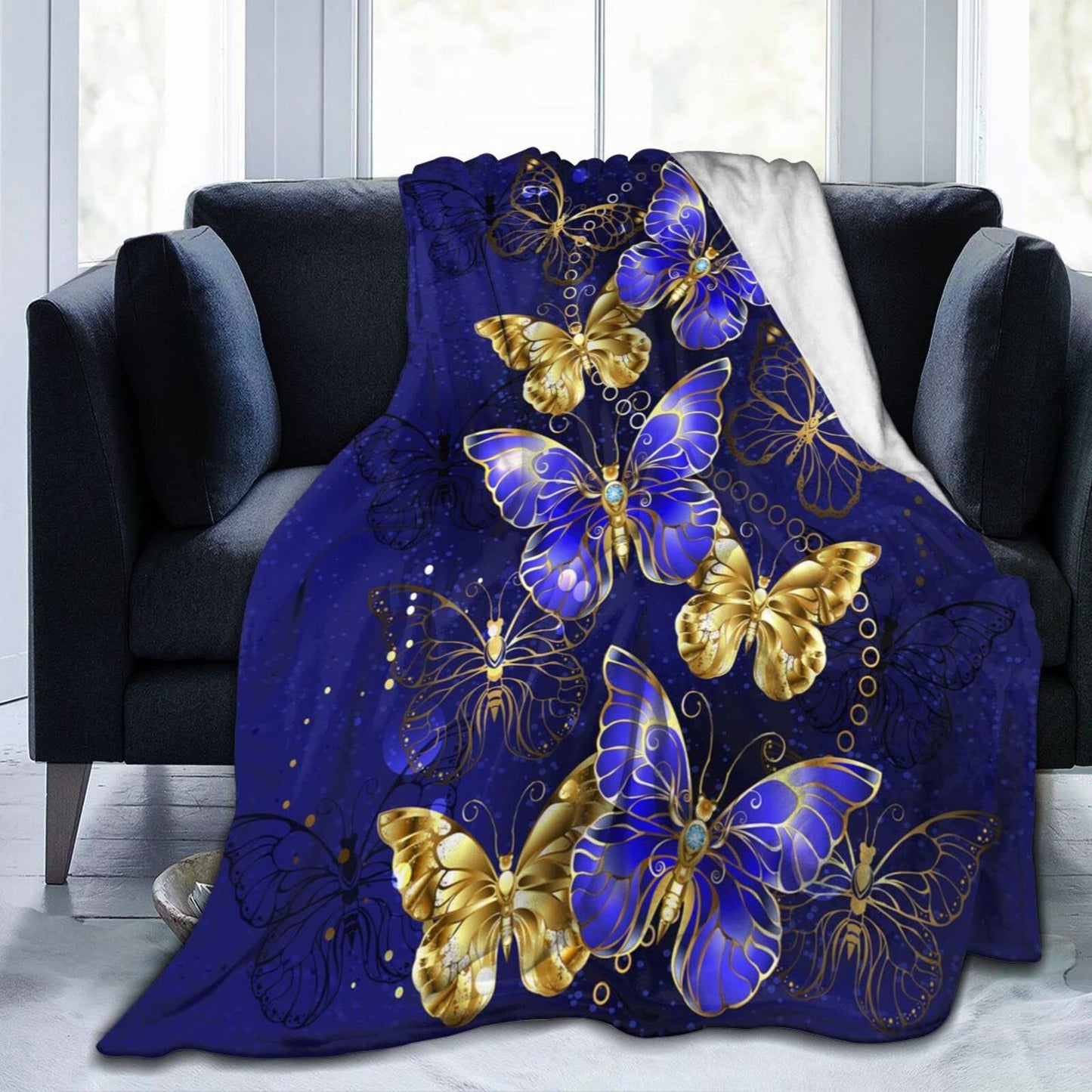 Majoug Purple and Gold Butterfly Pattern Throw Blanket Soft Lightweight Cozy Premium Flannel Warm Bed Blanket for Bedroom Living Couch All Seasons 50"X40"