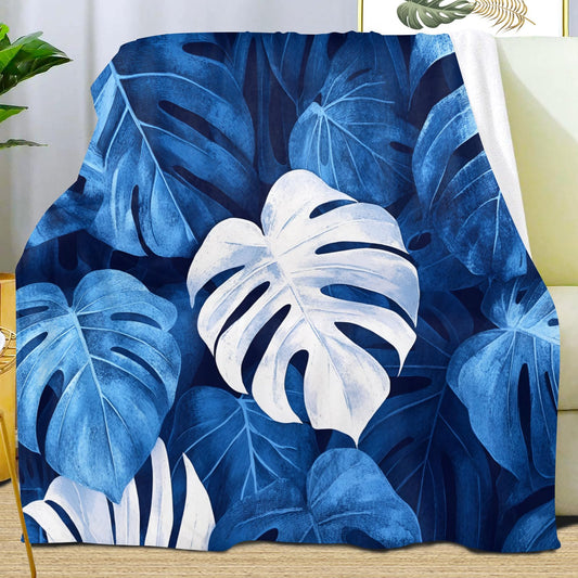 PAOABIU Monstera Leaf Blankets, Tropical Leaves Throw Blanket for Couch Bed Sofa, Watercolor Blue Blankets and Throws - Super Soft Cozy Plush Flannel Blanket Gifts & Decor, 66x90