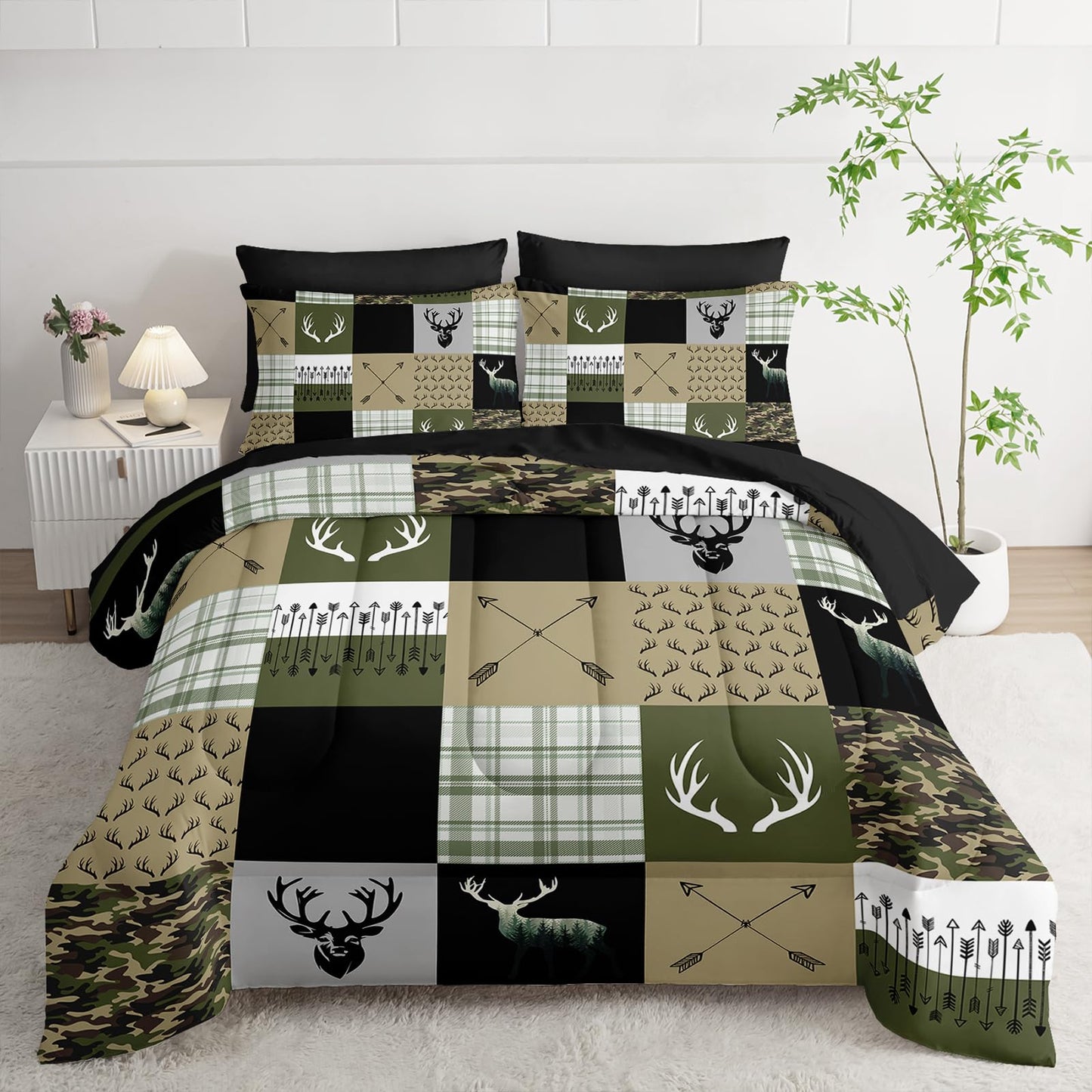 Nttopship Hunting Camo Comforter Sets Bed in A Bag Twin Size 7PCS Red Bedding Set，Deer Hunting Camo Comforter Set,Bed Sheet Set Hunt Deer for Girls Boys Kids,Microfiber Lightweight All Season