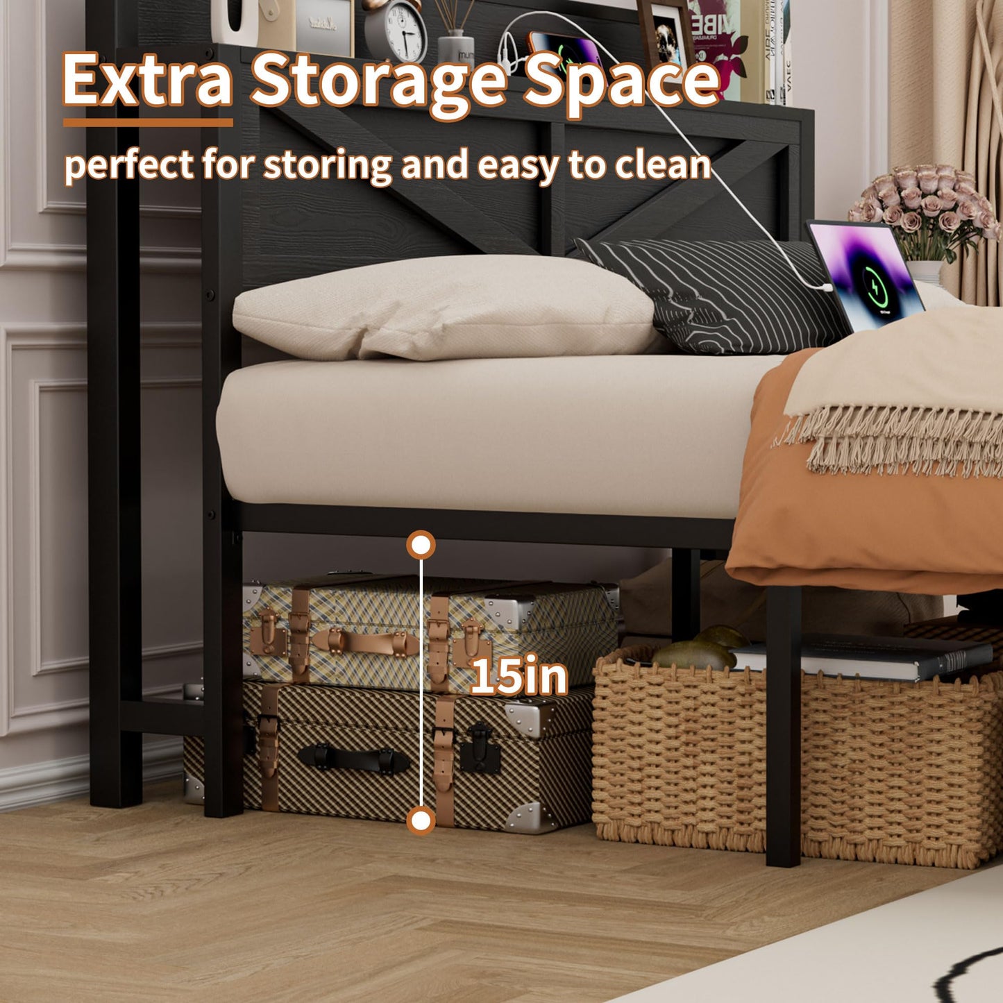 Tsovihe Canopy Bed Frame Queen Size with Barn Door Storage Headboard, Metal Platform Base & Mattress Foundation, LED Light & Charging Station, No Box Spring Needed, Easy Assembly Black‌