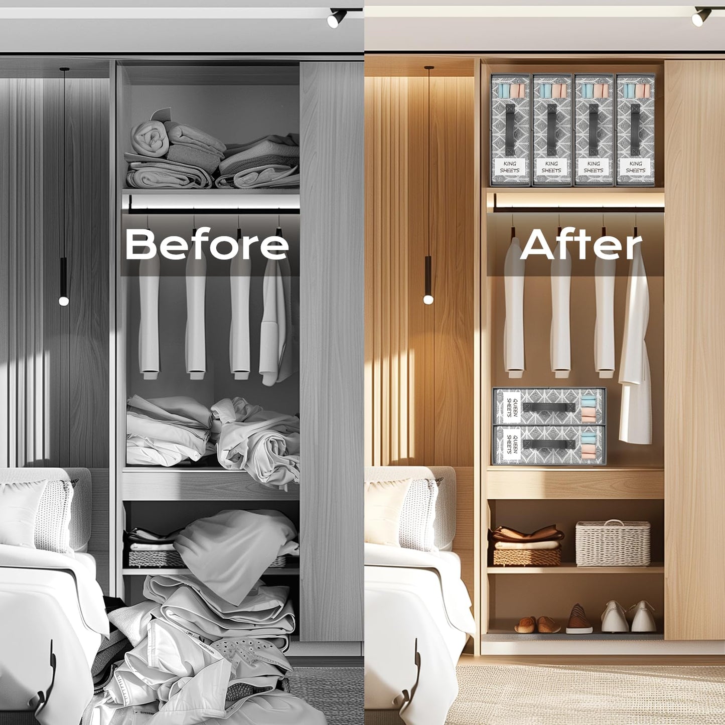 Yecaye 8 Pack Sheet Organizers and Storage with Clear Window and Label, Foldable Bed sheet Organizer for Linen Closet, Fabric Bedding Storage Box for Duvet Covers, Pillowcases, Queen & King Size, Grey