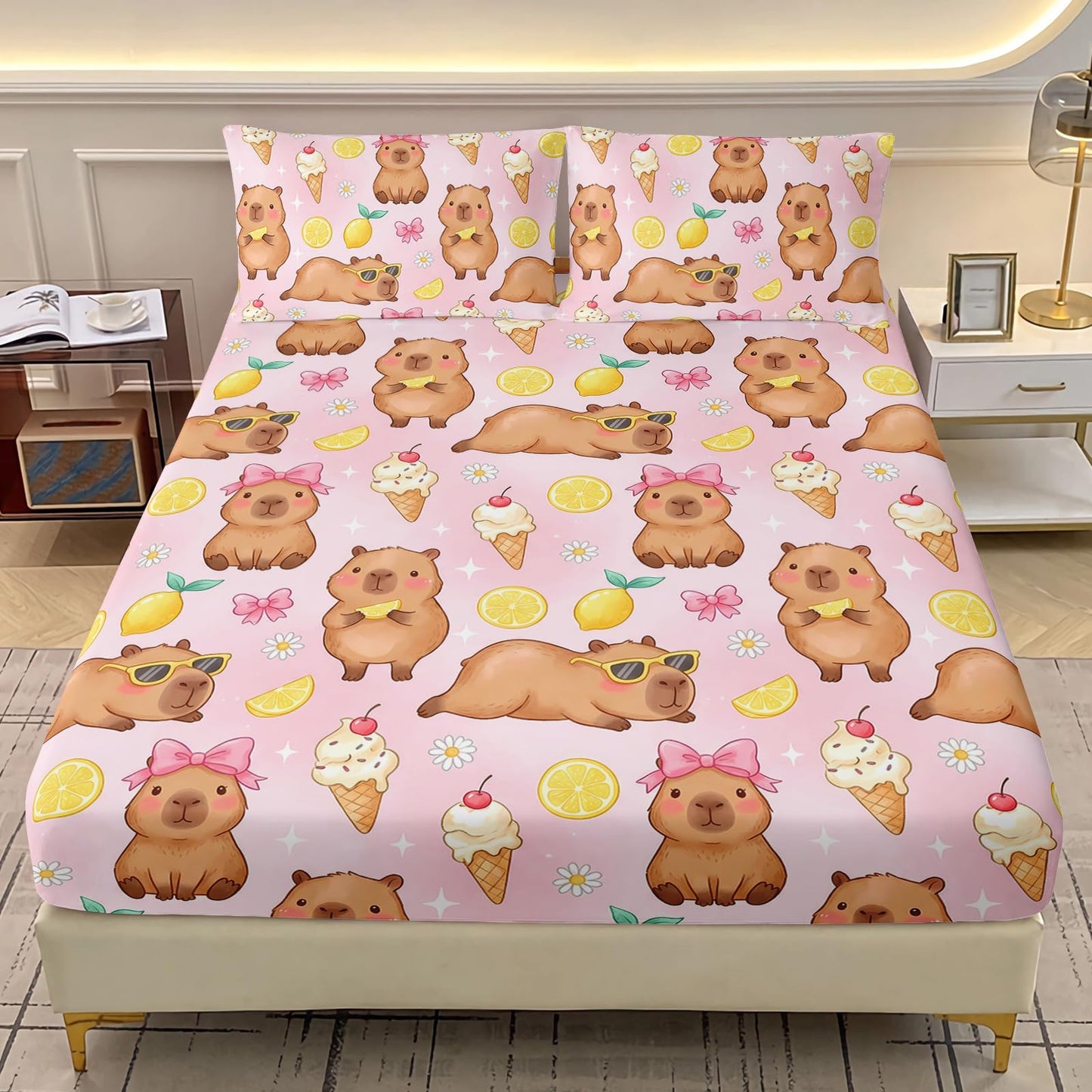 AILONEN 3 Piece Pink Capybara Twin Fitted Sheet Set, 1 Fitted Sheet + 2 Pillowcases, Lemon ice Cream Cartoon Print on Blush