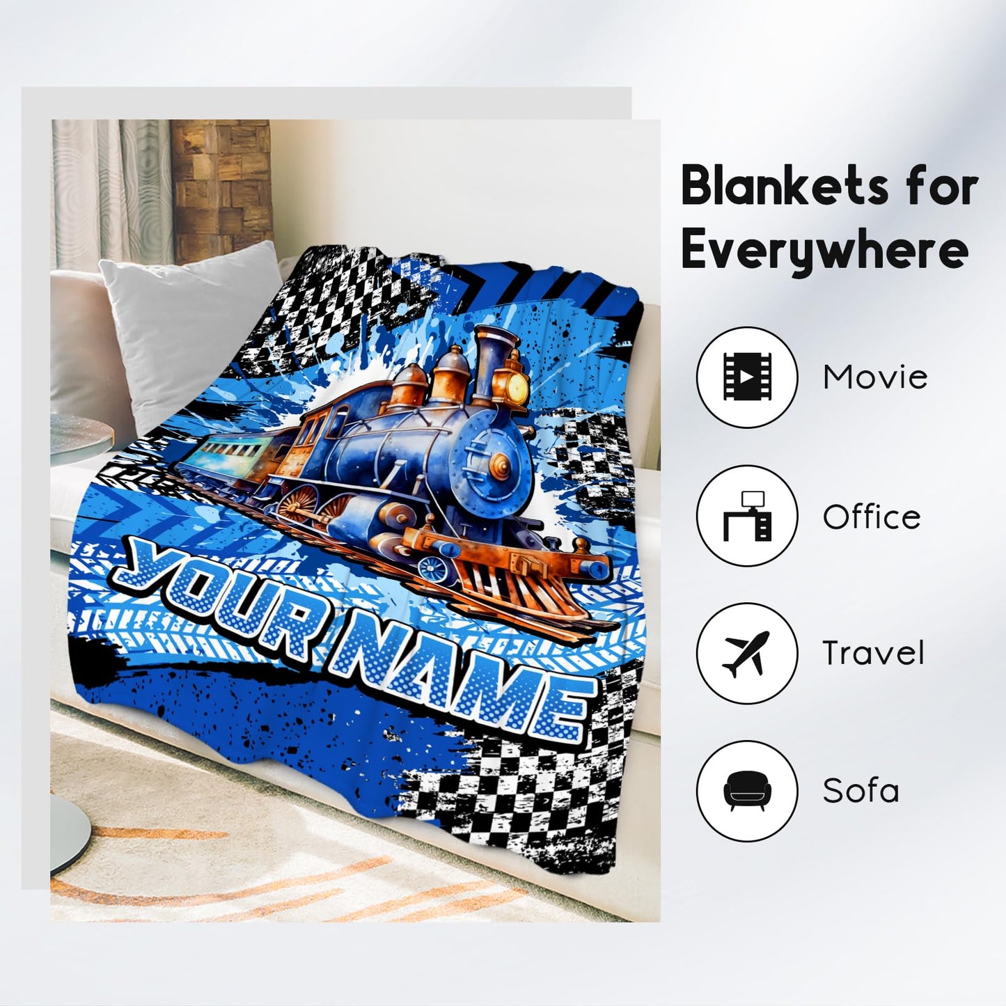 AIOMXZZ Personalized Blanket for Kids, Train Blanket for Boys Toddler, Custom Gifts for Son, Cool Fleece Throws, 4 Size