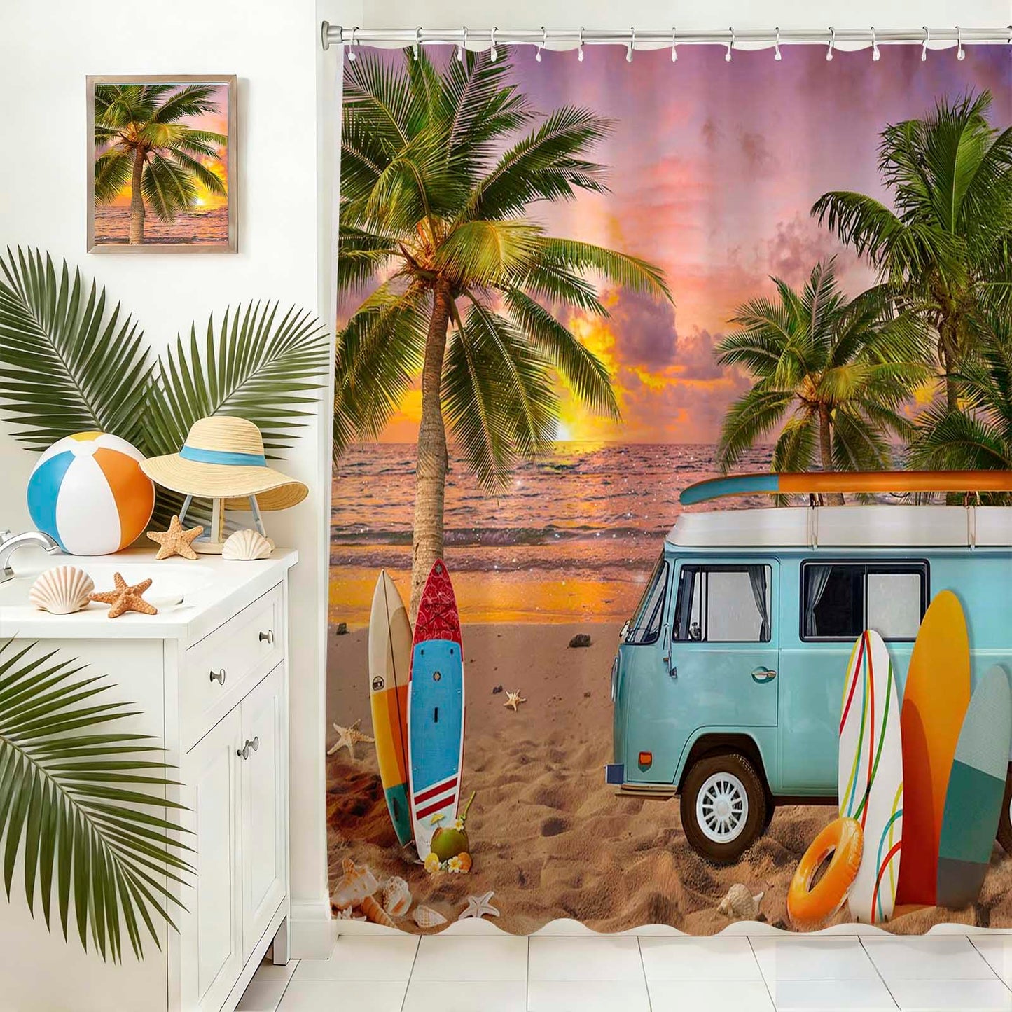 Tropical Beach Ocean Shower Curtain, Beach Palm Tree Summer Bathroom Decor Bath Curtain, Waterproof Hawaii Coastal Surfboard Tour Bus Bath Curtain, 72 X 72 Inch (Orange, 72"W x 72"L (Pack of 1))
