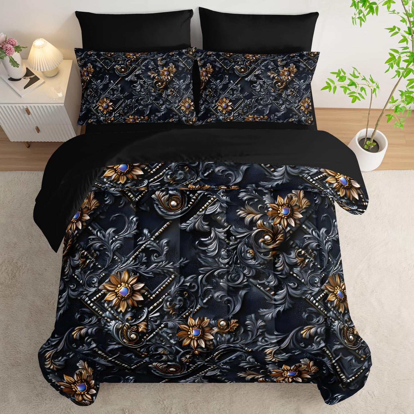 lneffble 7 Piece Black and Gold Baroque Comforter Set Queen，Baroque Queen Bedding，(1 Comforter, 1 Flat Sheet, 1 Fitted Sheet, 2 Pillowcase and 2 Pillow Sham)，Baroque Gothic Bedroom Decor