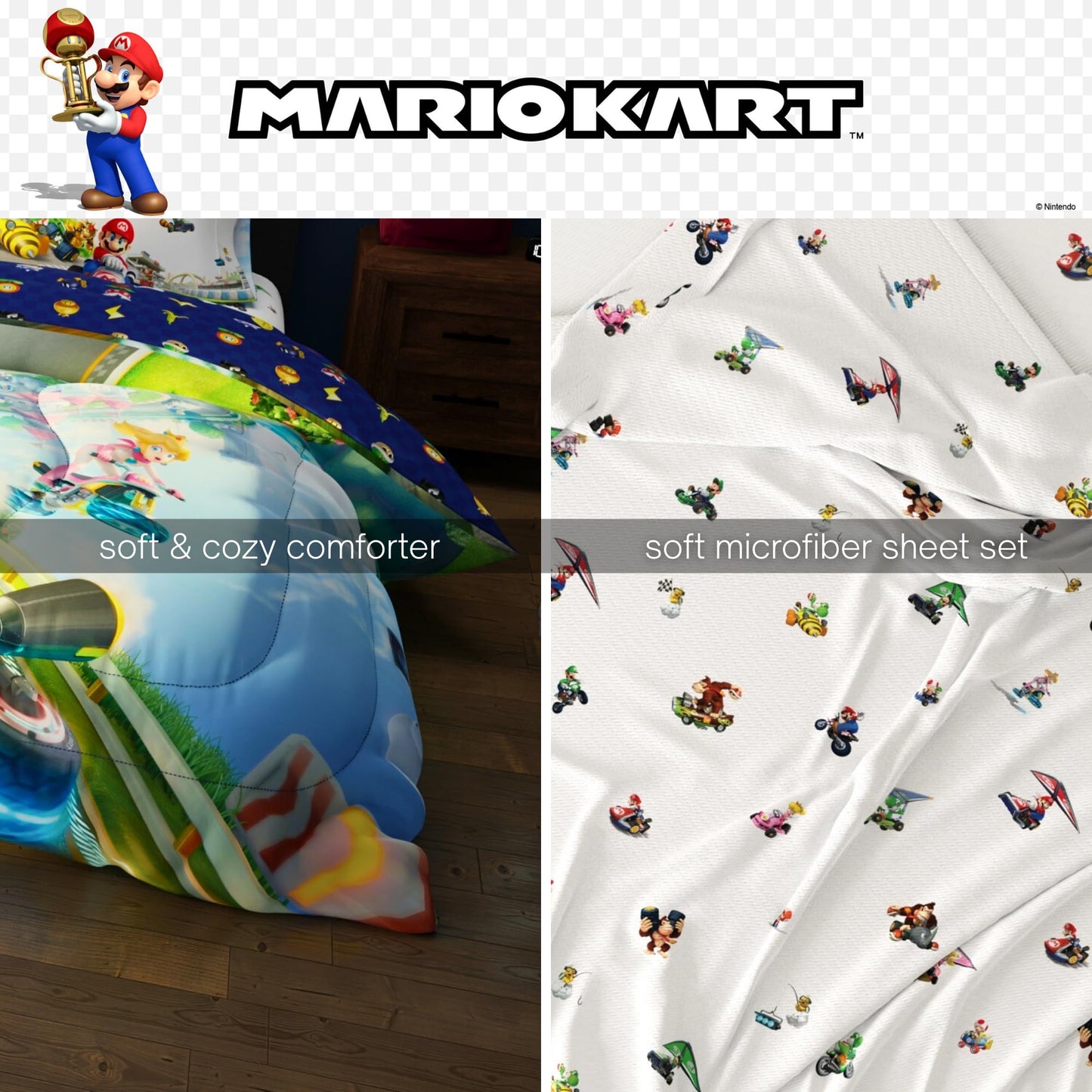 Super Mario Kart Game Kids Bedding Set, Twin Size, 4-Piece Super Soft Cozy Reversible Comforter & Sheet Set (Officially Licensed Product) by Franco