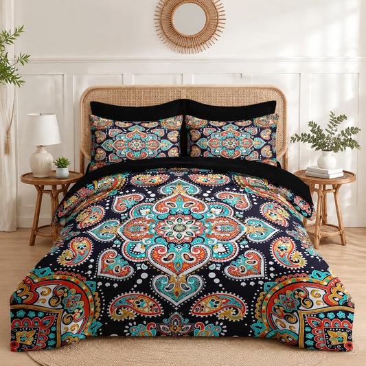 Nesker 7 Pcs Comforter Set Queen Size, Floral Paisley Mandala Bedding Set for Kids and Adults, Flower Vintage Aztec Sheets Bed Sheet Sets with Fitted Sheet 2 Pillowcases & 2 Shams
