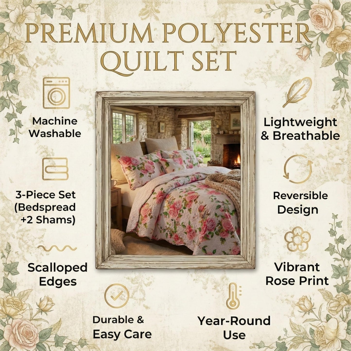 DaDa Bedding Romantic Roses Floral Bedspread Set - Lovely Spring Pink & White Scalloped Colorful Lightweight Breathable - Bright Vibrant Quilted Coverlet w/Pillow Shams - Cal King - 3-Pieces