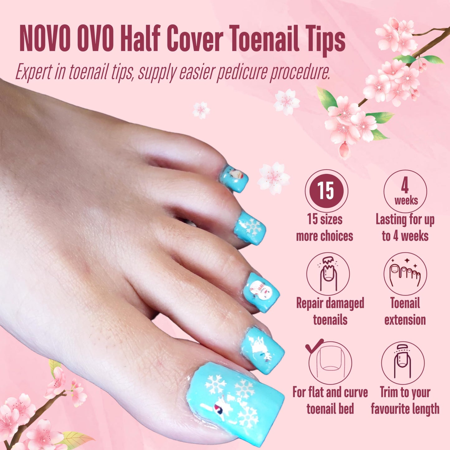 NOVO OVO Fake Toe Nail Tips, Soft Gel Toenail Extension, Half Cover Prefiled Square Clear Double Matte C Curve Longtoes Claw for Pedicure Acrylic Press on for Salon, Toenails x 15 Sizes 240 Pcs in Box